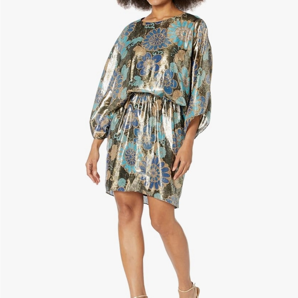 Trina Turk Manhattan Metallic Floral Blouson Dress Women’s Size M New $378